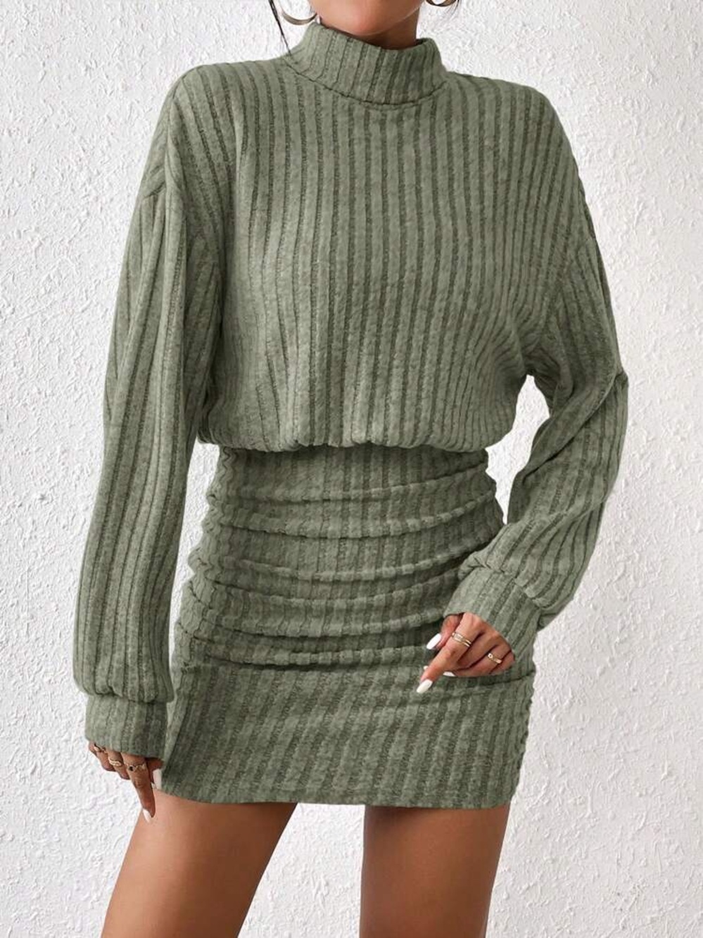 SHEIN Olive Green Ribbed Long Sleeve Midi Dress